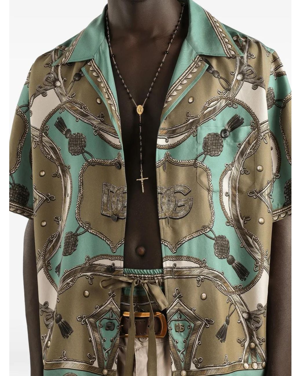 Dolce & Gabbana Green Cargo-Print Hawaii Washed Silk Twill Shirt for men