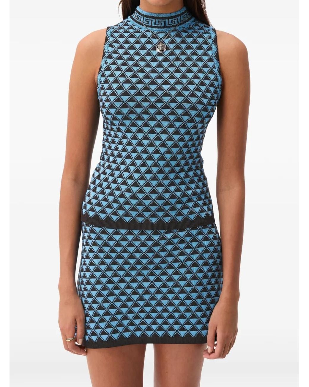Versace Blue Greca Geometric-Pattern Top