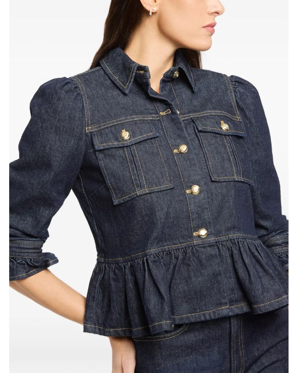 Cinq À Sept Blue Delanie Button-Up Ruffled-Sleeve Denim Jacket