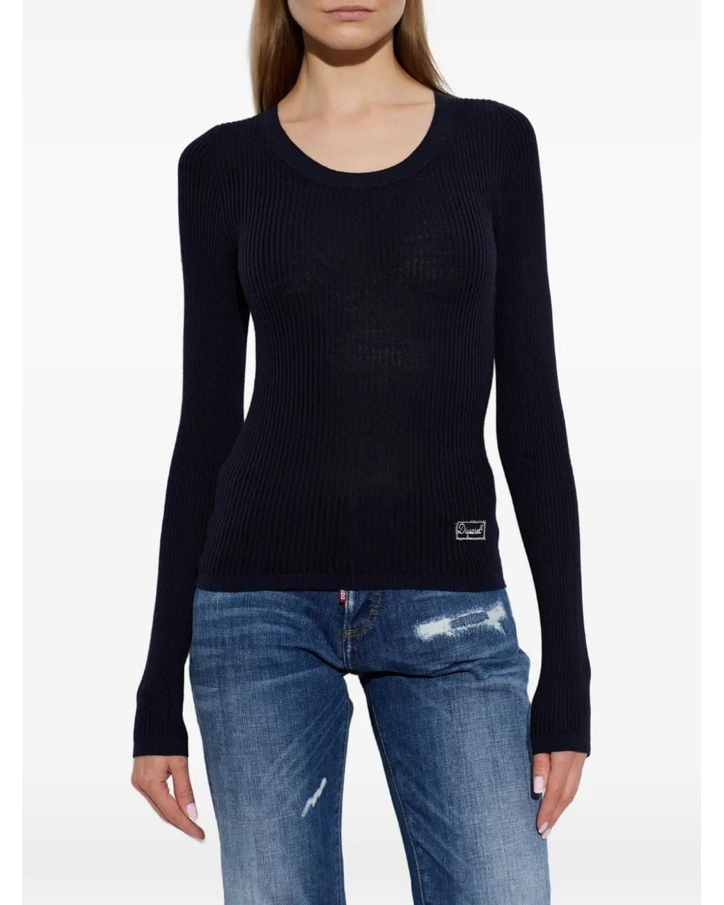 DSquared² Blue Ribbed-Knit Logo-Patch Sweater