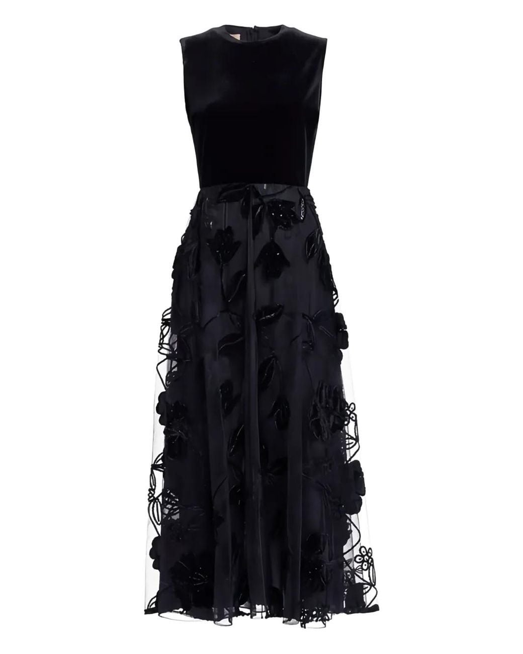 Elie Saab Black Embroidered Tulle And Velvet Midi Dress