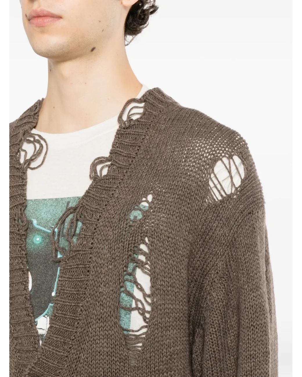 KAMIYA Brown Distressed-Knit Cardigan for men