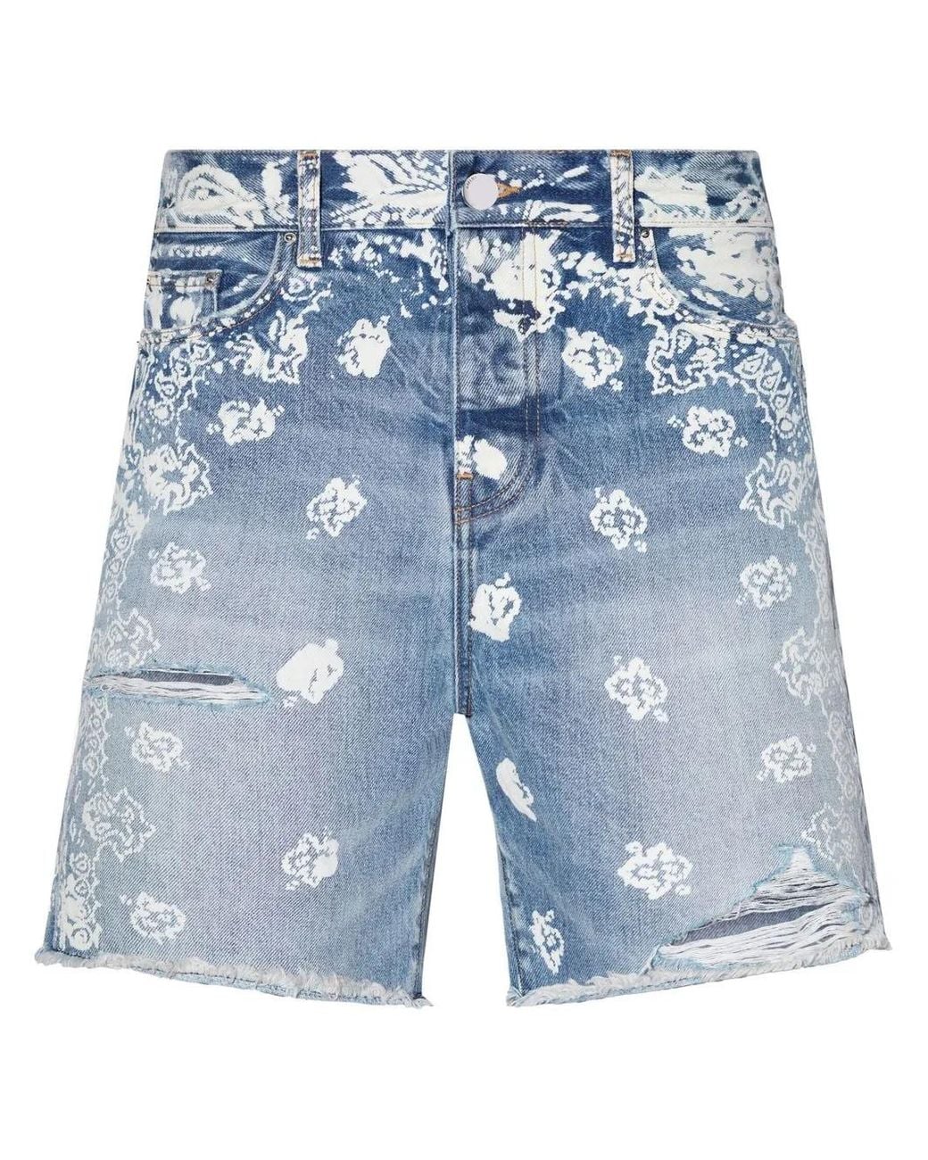 Amiri Blue Bleach Bandana-Print Denim-Shorts for men