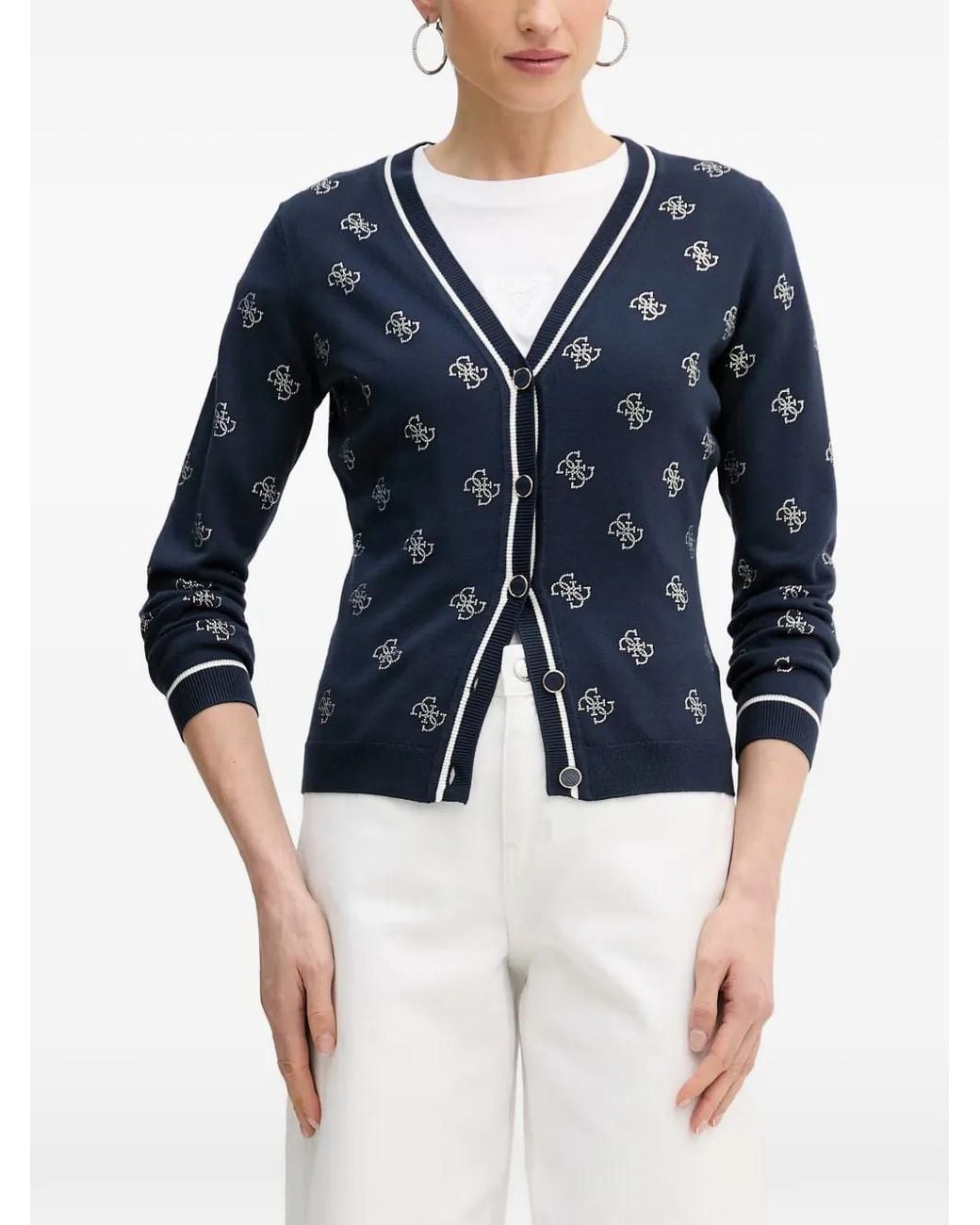 Guess Blue 4G Logo Rhinestones Cardigan