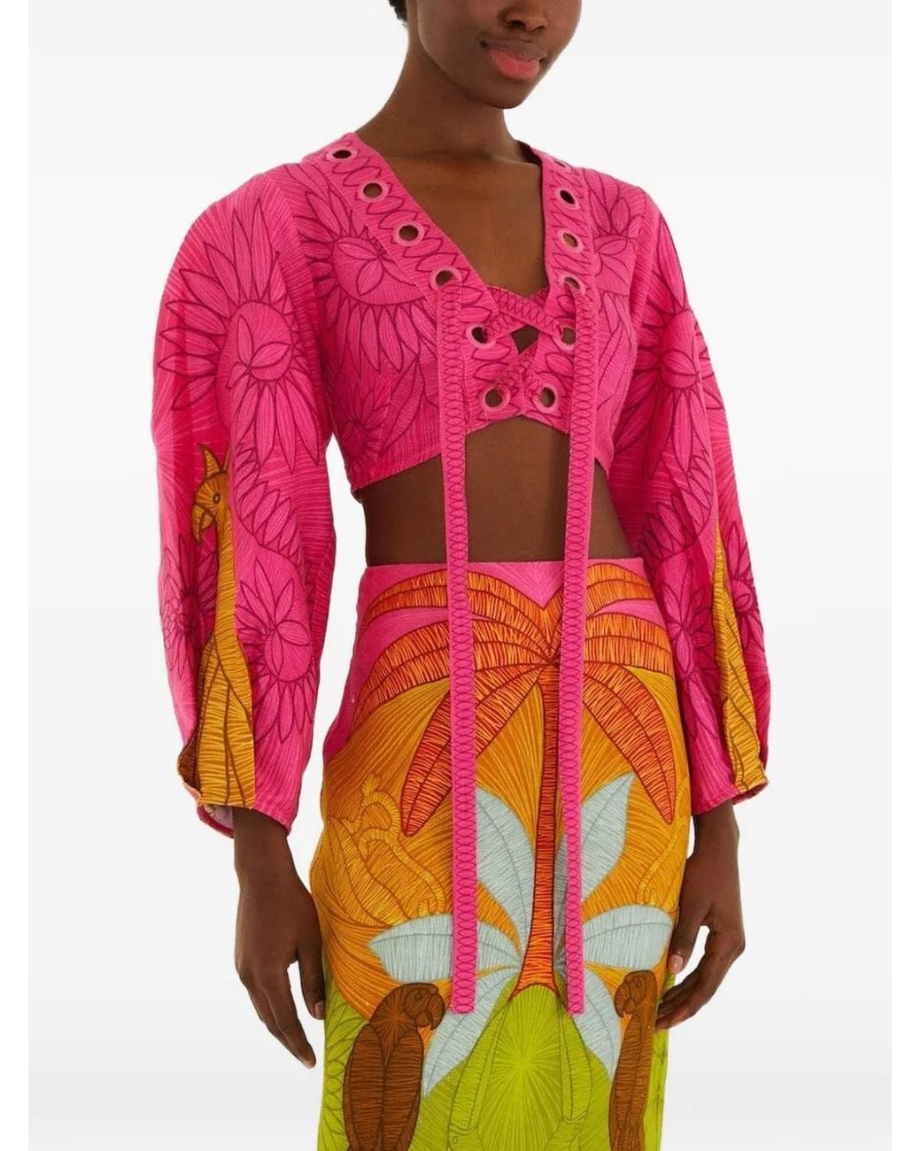 Farm Rio Pink Usiacuri Euroflax Linen Eyelet Blouse