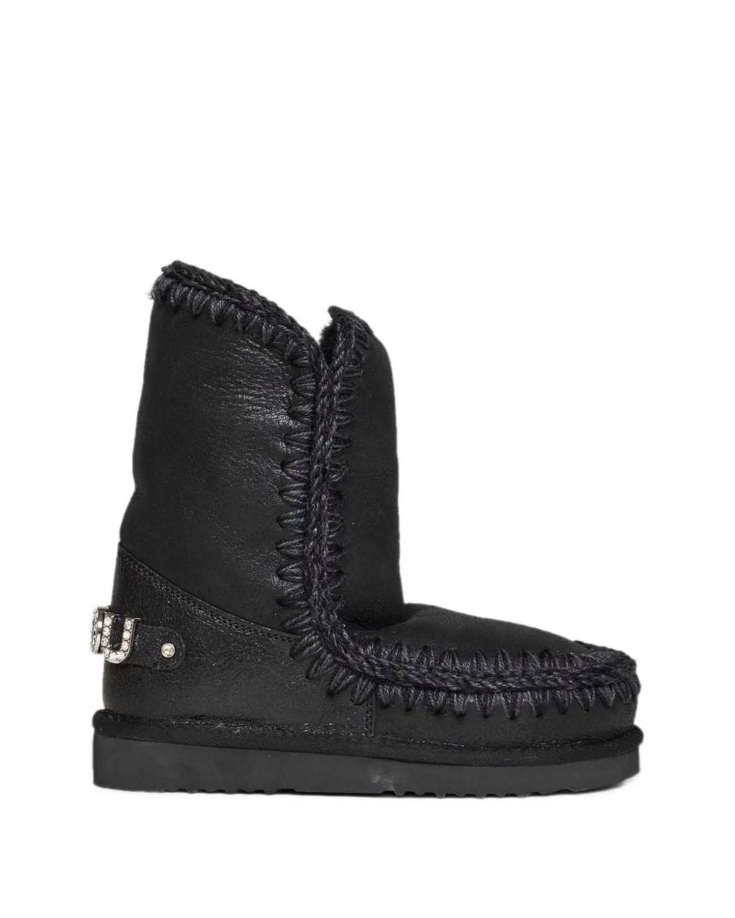 Mou Black Crochet-Stitch Sheepskin Snow Boots