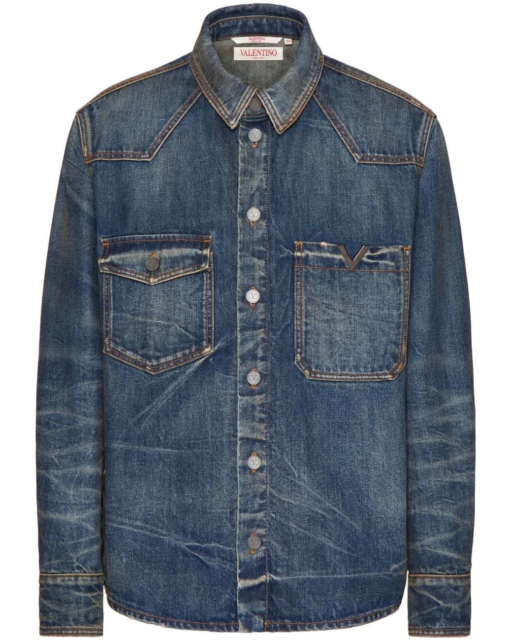 Valentino Garavani Blue V-Detail Denim Shirt for men