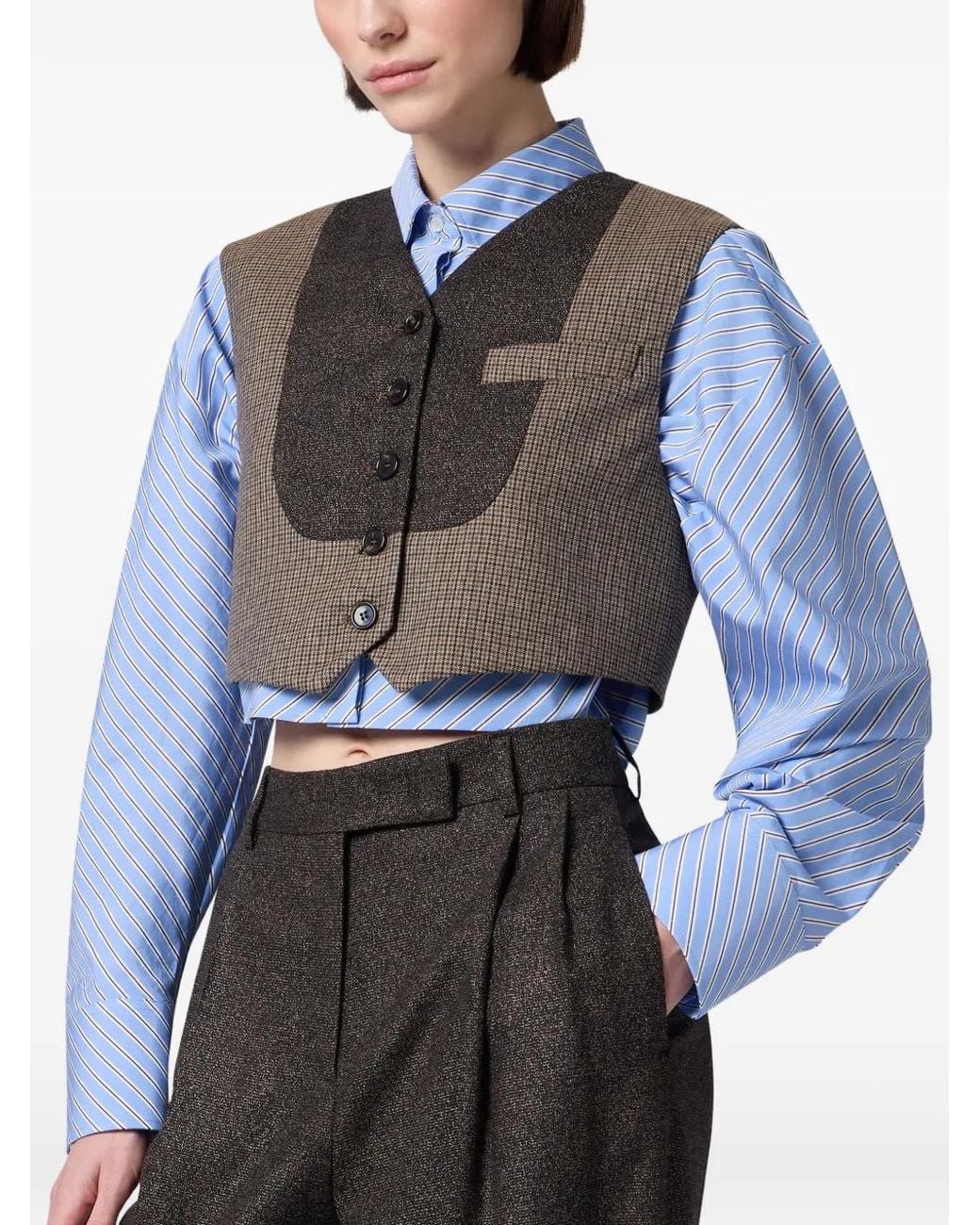 MSGM Brown Check-Pattern Cropped Waistcoat