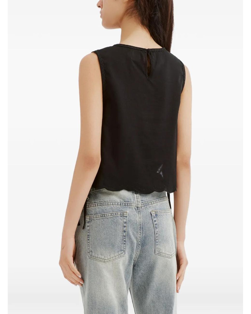 B+ AB Black Floral-Embroidered Scalloped-Hem Blouse