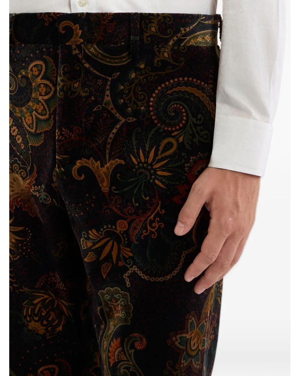 Etro Black Straight-Leg Cotton Velvet Trousers With Floral Paisley Motif for men