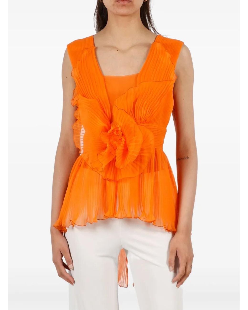 Alberta Ferretti Orange Haut En Soie À Fleurs