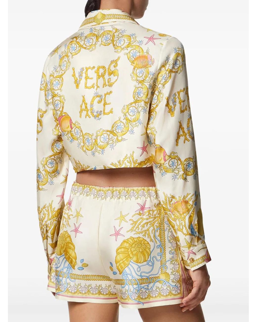 Versace Metallic Underwater Barocco Knotted Crop Silk Shirt