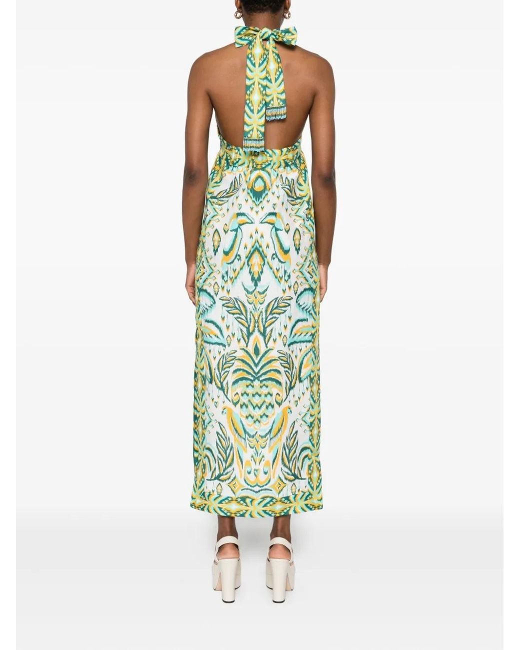 Farm Rio Green Tropical Tapestry Off- Halter Neck Dress