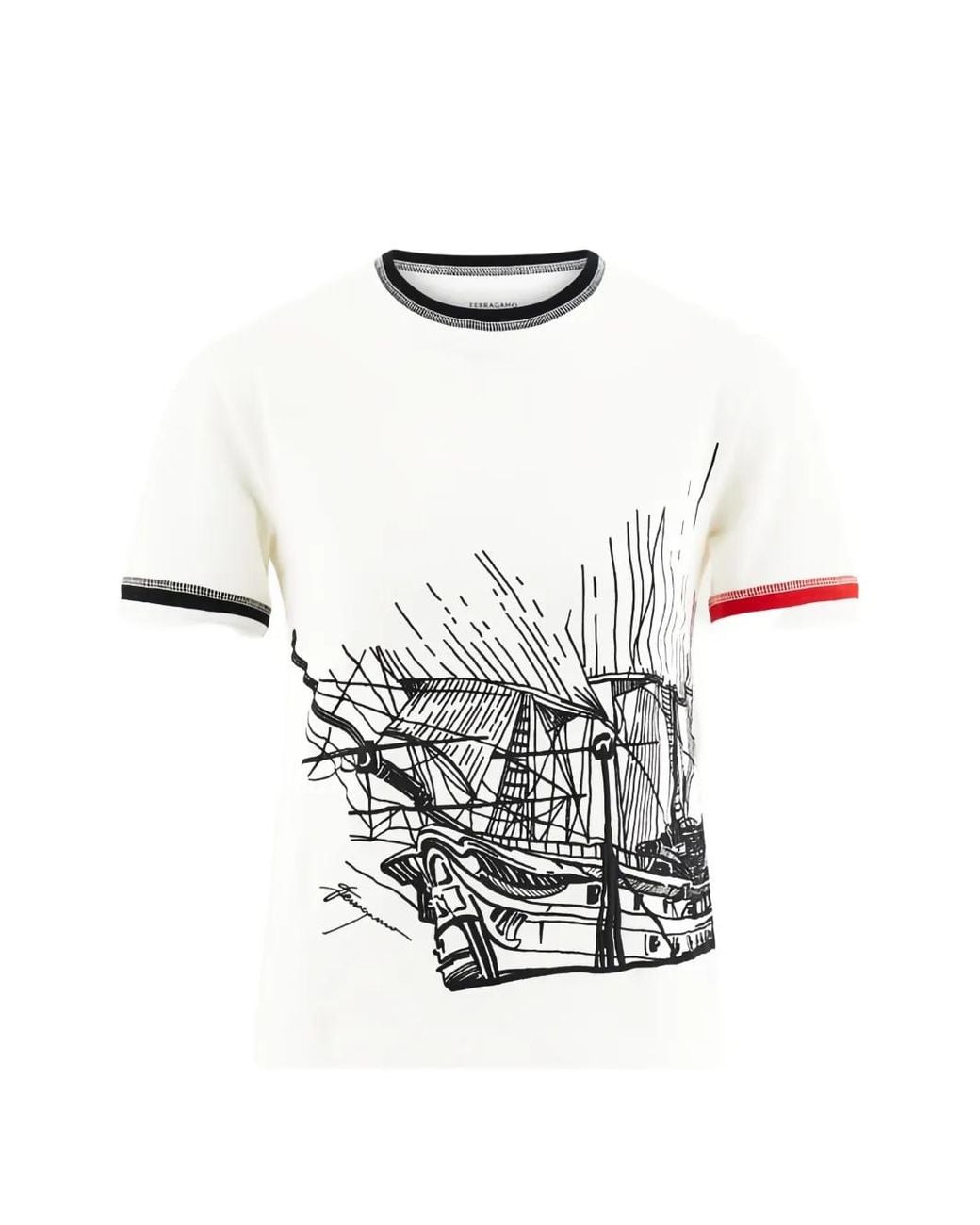Ferragamo White Ship-Print Cotton T-Shirt