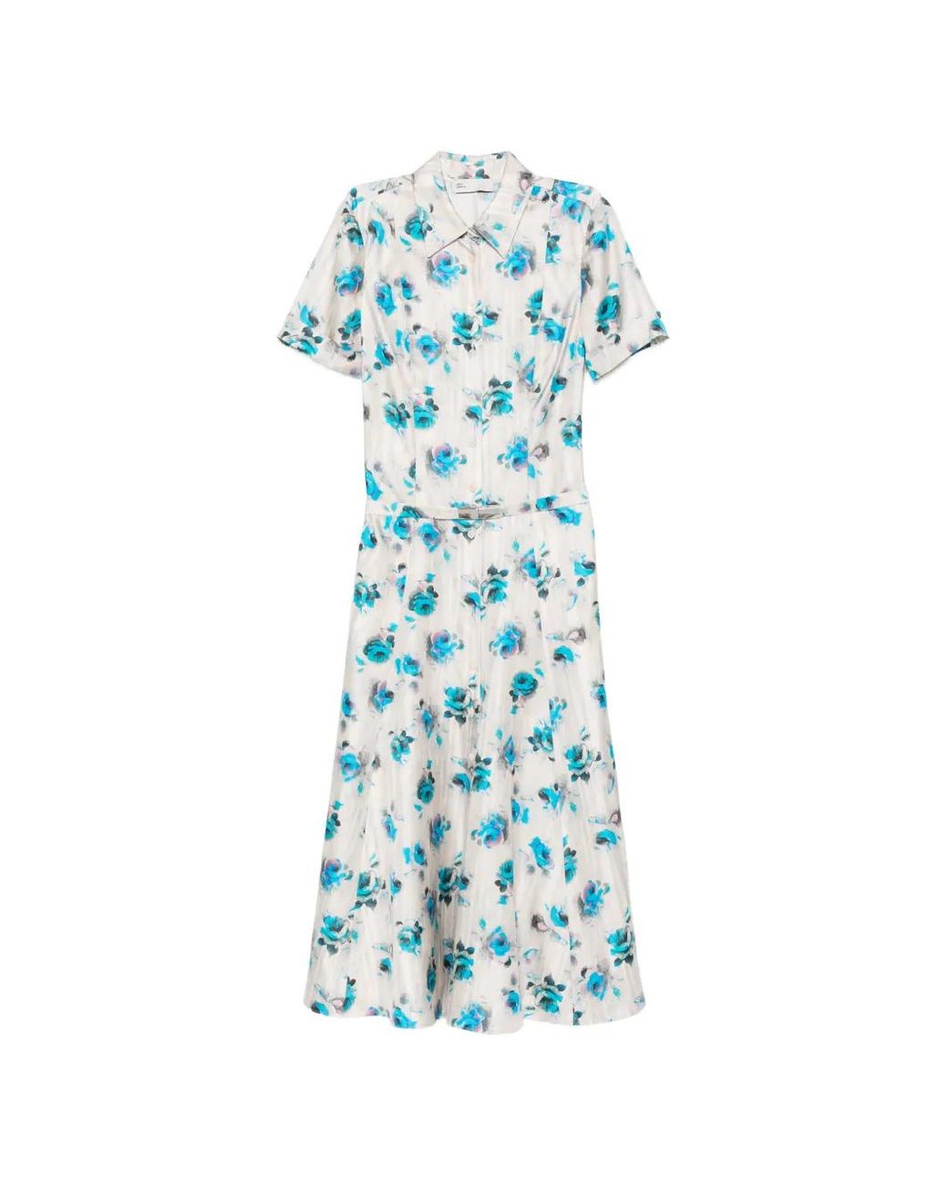 Tory Burch Blue Flared Silk Shirtdress