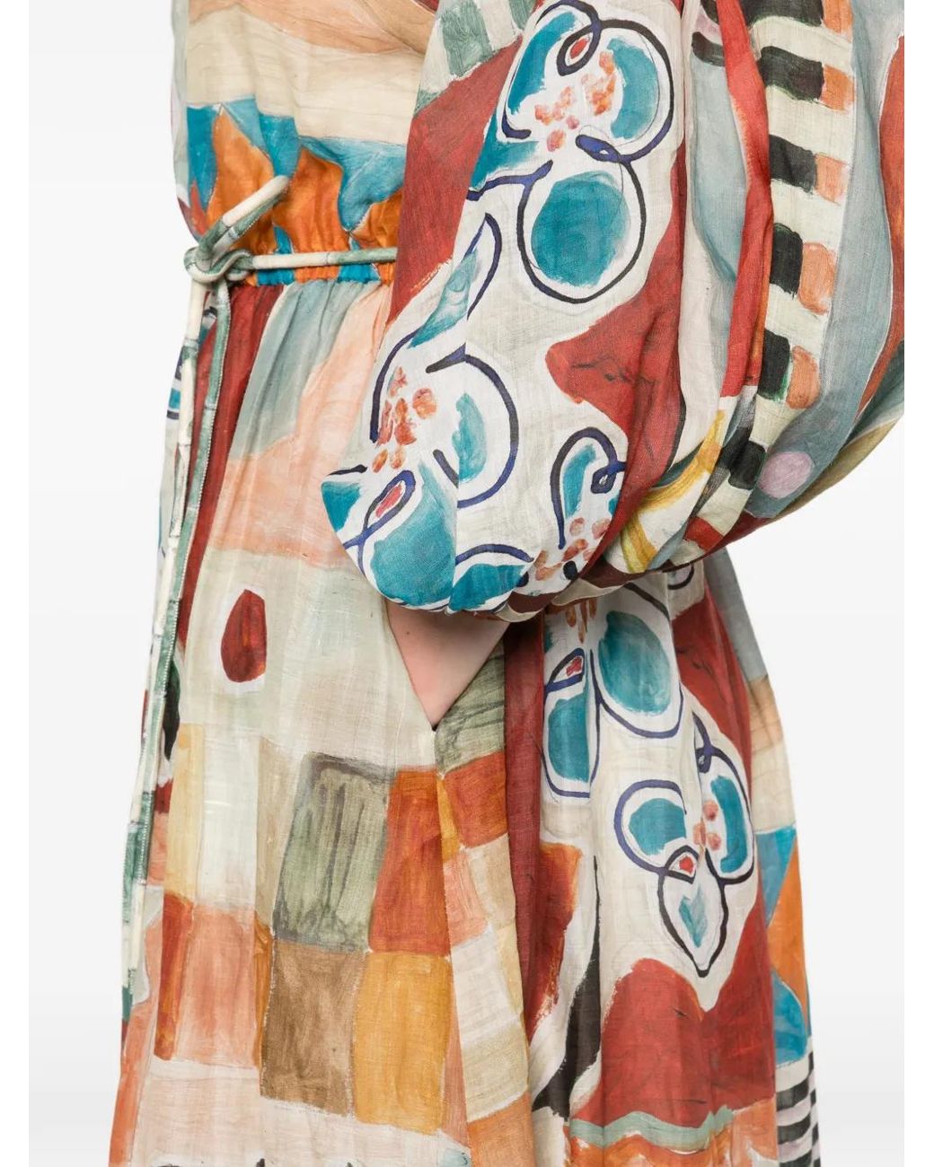 ALÉMAIS White Patchwork Tie-Belt Midi Dress