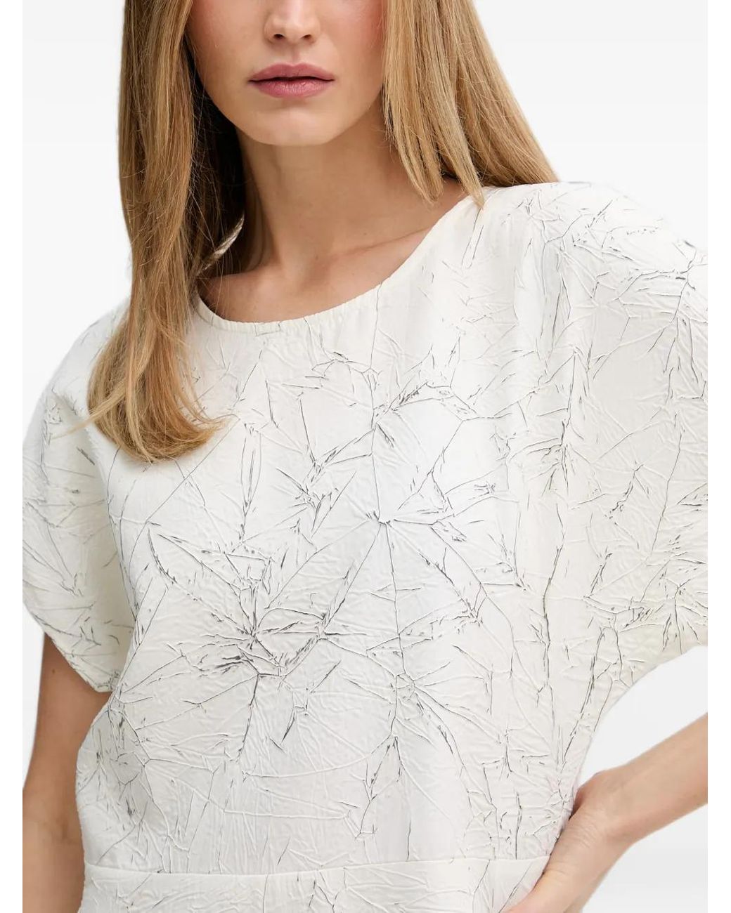 Joseph Ribkoff White Crinkled-Effect Short-Sleeved Midi Dress