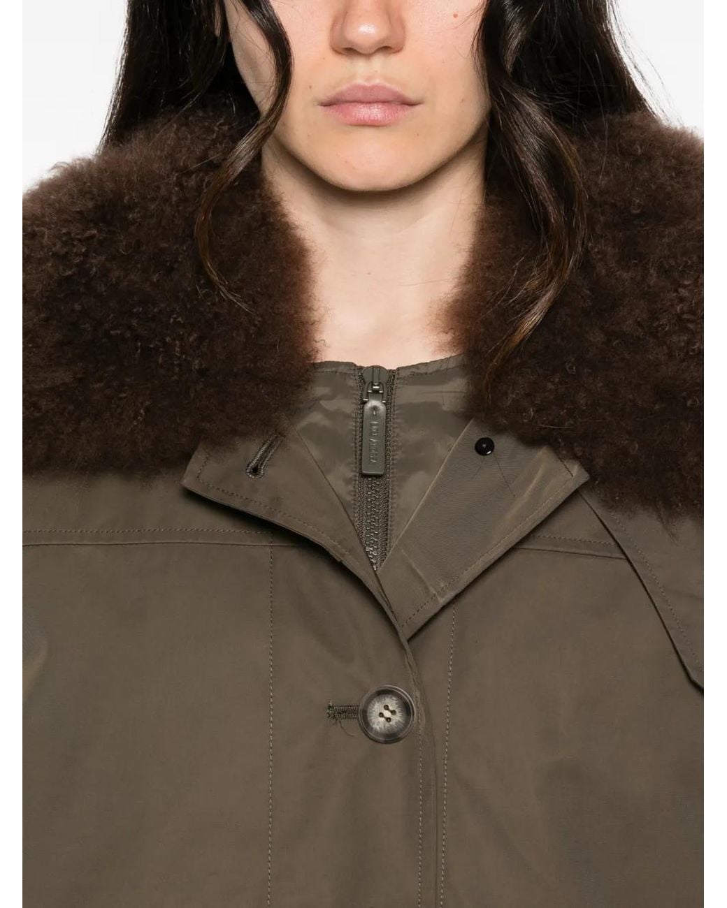 Lou Andrea Brown Shearling-Collar Button-Up Jacket