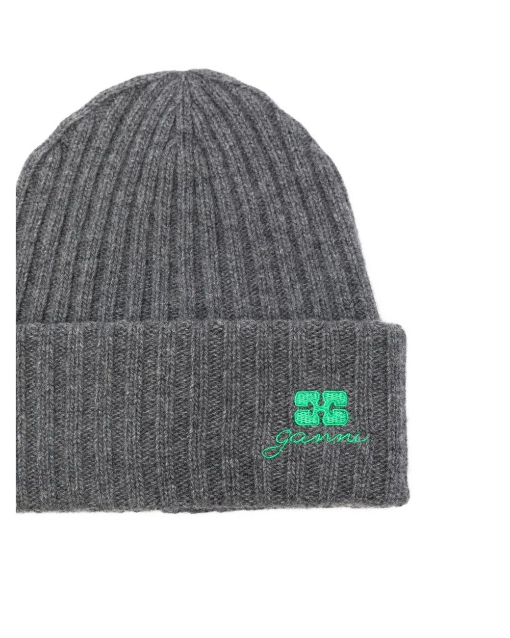 Ganni Gray Ribbed Embroidered Hat