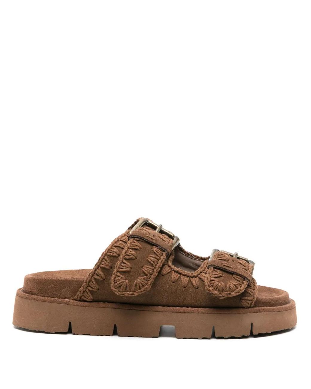Mou Brown Whipstitch-Trim Suede Slides