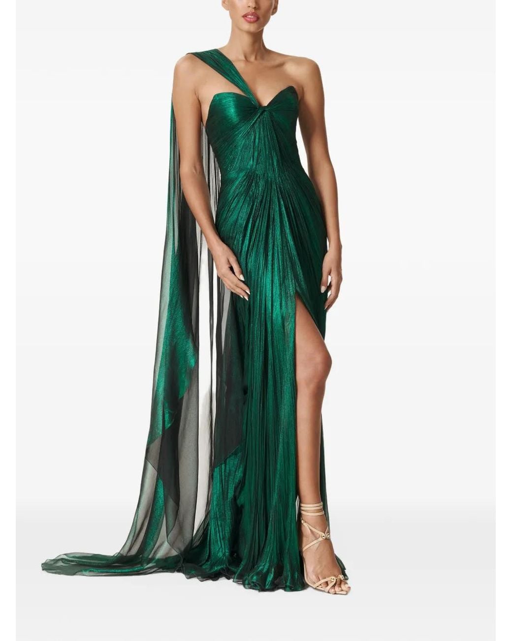 IRIS SERBAN Green Florence One-Shoulder Pleated Gown