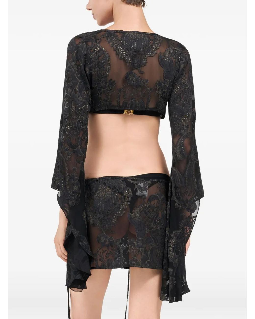 Roberto Cavalli Black Floral Bell-Sleeve Blouse