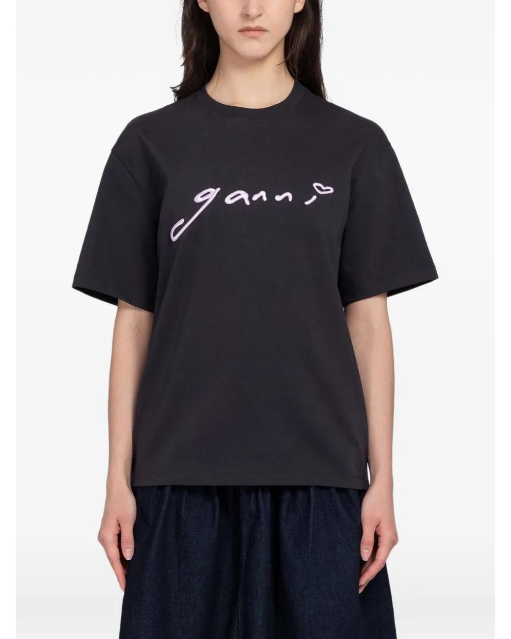 Ganni Black Logo-Print Cotton T-Shirt