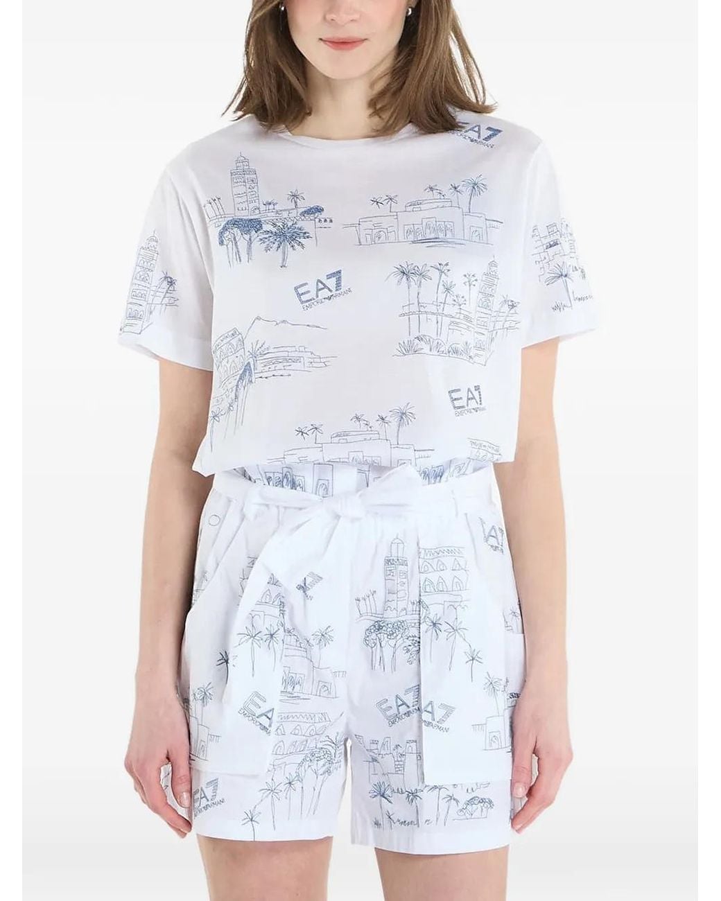 EA7 White Graphic-Print Logo-Print T-Shirt
