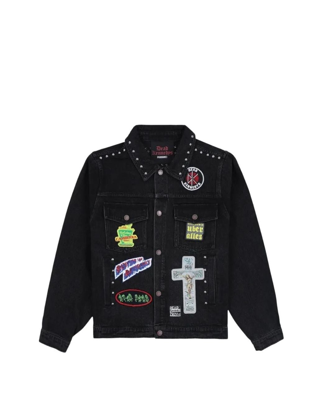 Pleasures Black Patch-Detail Studded Denim Jacket for men