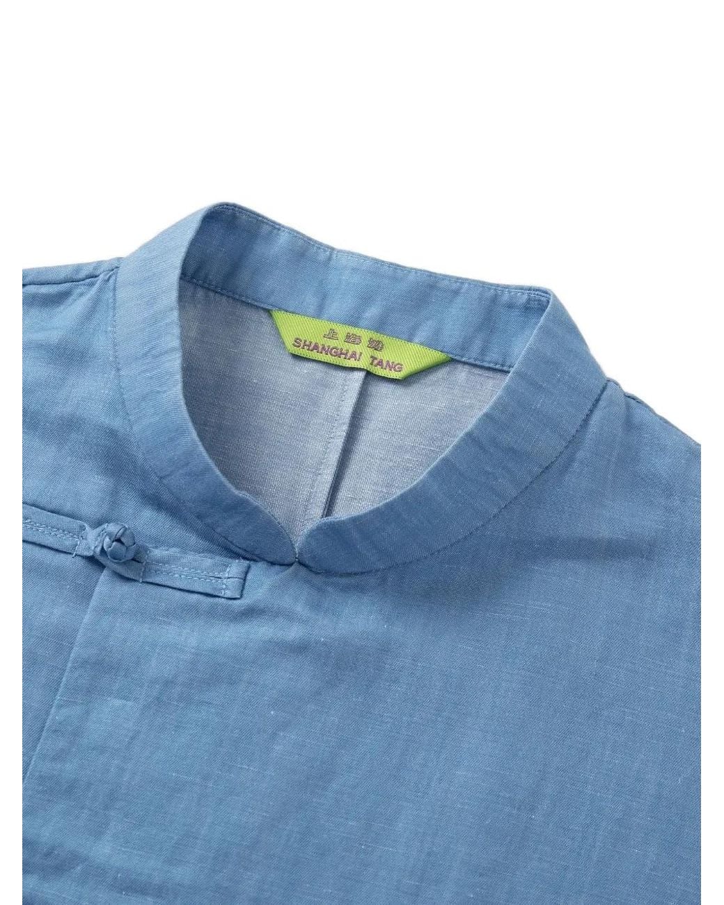 Shanghai Tang Blue Frog-Fastening Mandarin-Collar Shirt for men