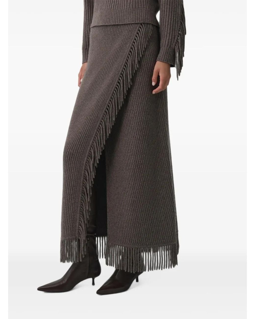 Jonathan Simkhai Brown Casey Fringe-Trim Faux-Wrap Midi Skirt