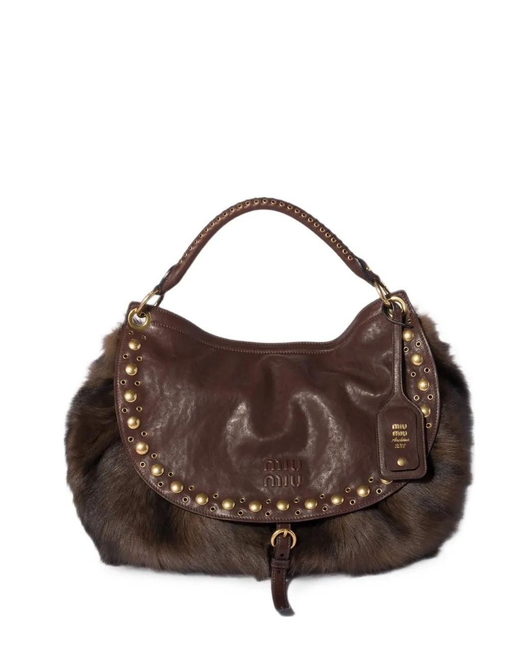 Miu Miu Brown Sac Rendez-Vous En Peau Lainée Et Cuir Nappa À Clous
