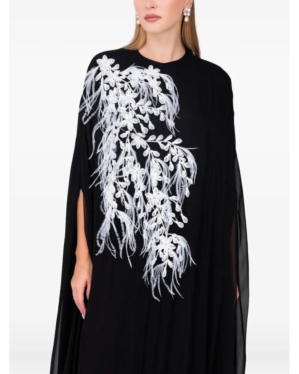 Dina Melwani Black Feather-Print Maxi Dress