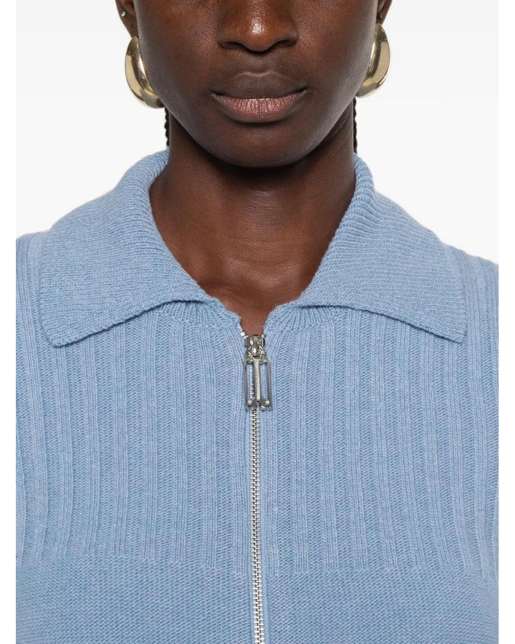 Victoria Beckham Blue Ribbed-Knit Zip-Up Cardigan