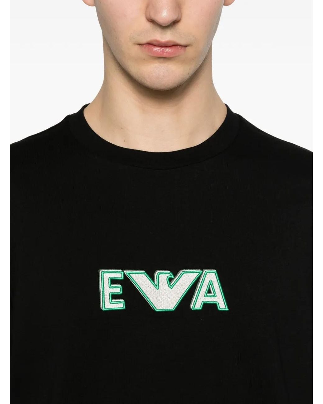 Emporio Armani Black Logo Embroidery Crew Neck T-Shirt for men