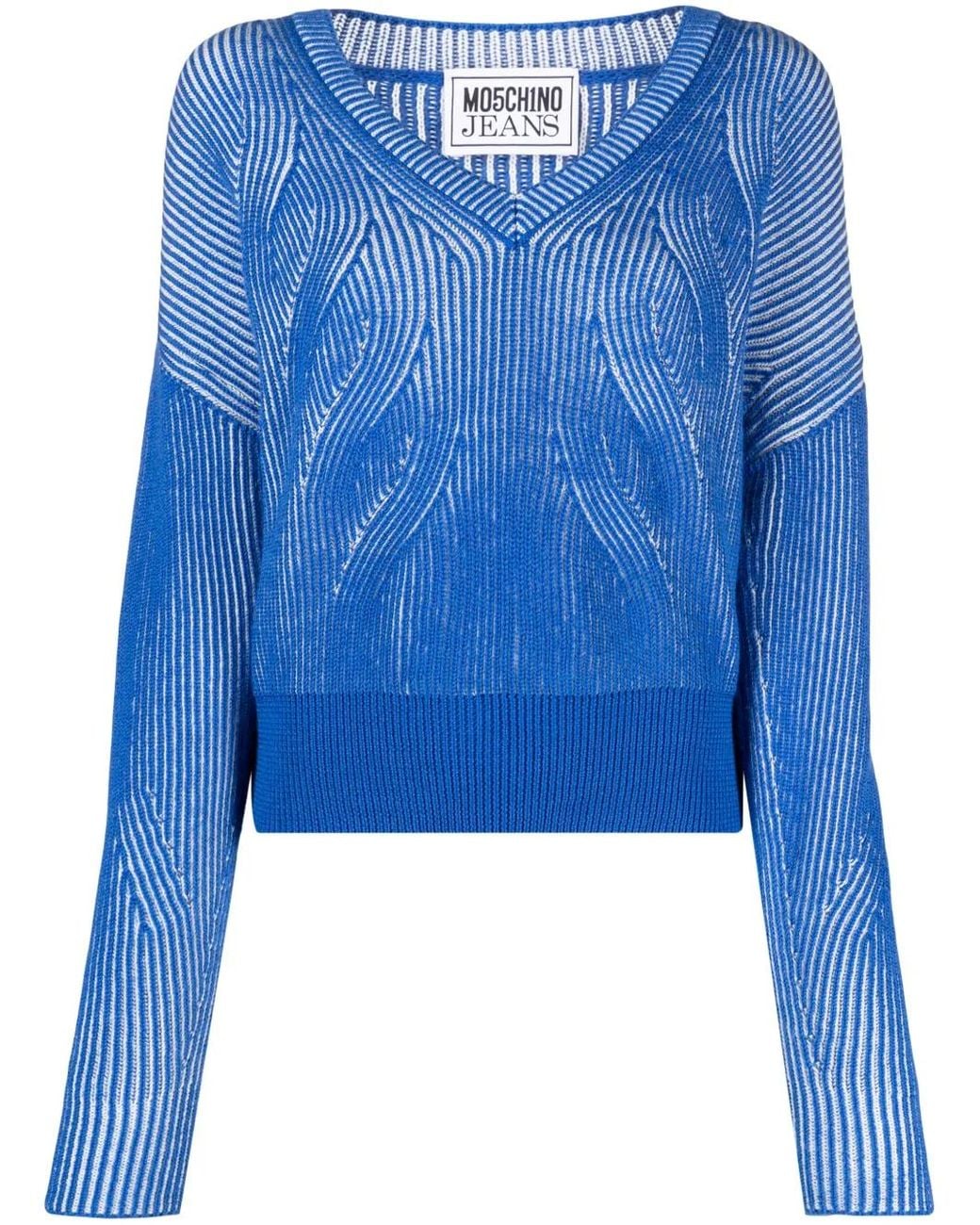 Moschino Blue Two-Tone V-Neck Jumper