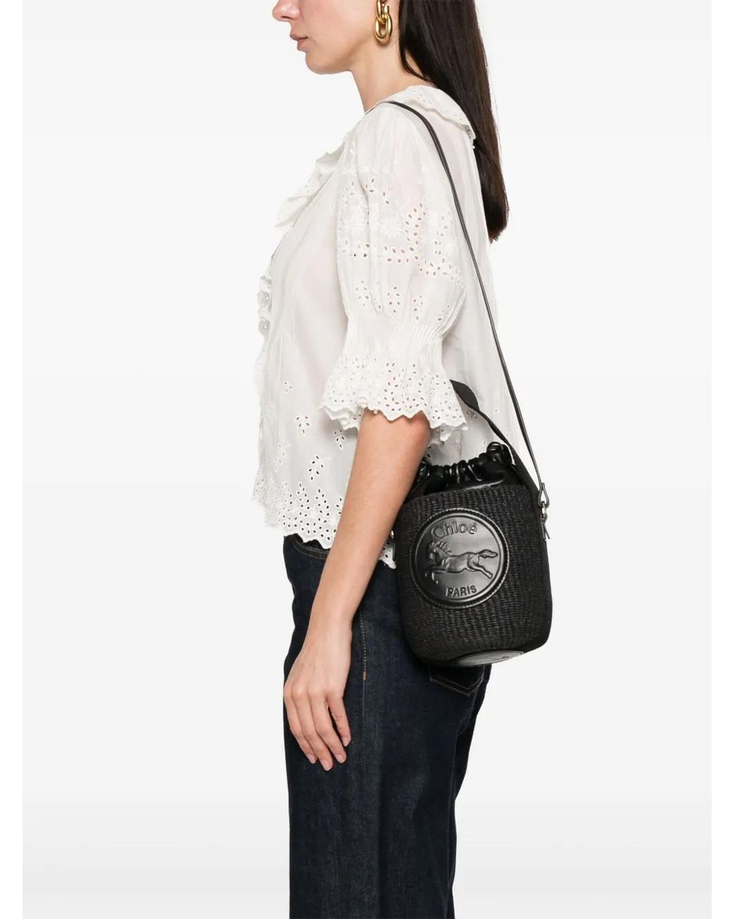 Chloé Black Logo-Patch Bucket Bag