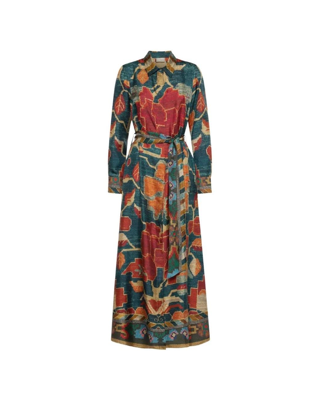 Pierre Louis Mascia White Aloe Belted Tapestry-Print Maxi Shirt Dress