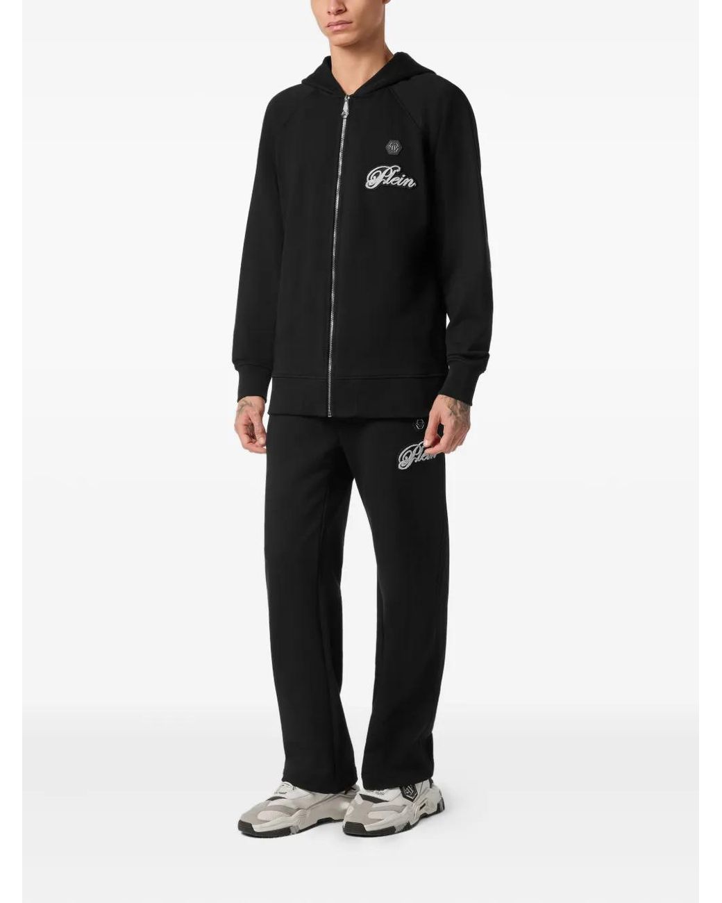 Philipp Plein Black Zip-Up Logo-Patch Hoodie for men