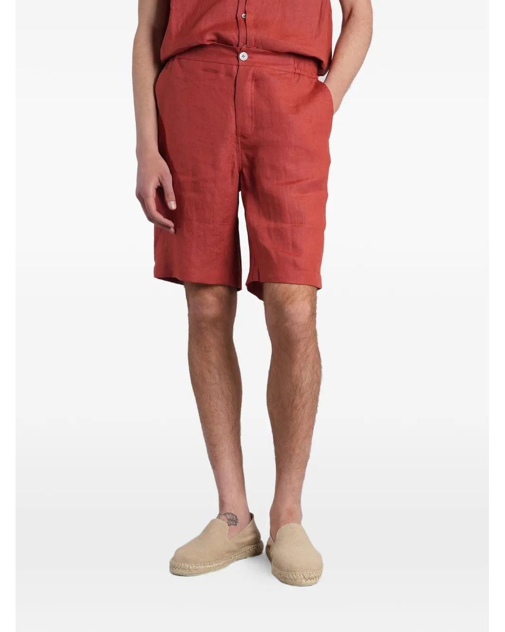 Alpha Studio Red Elasticated-Waist Linen Shorts for men