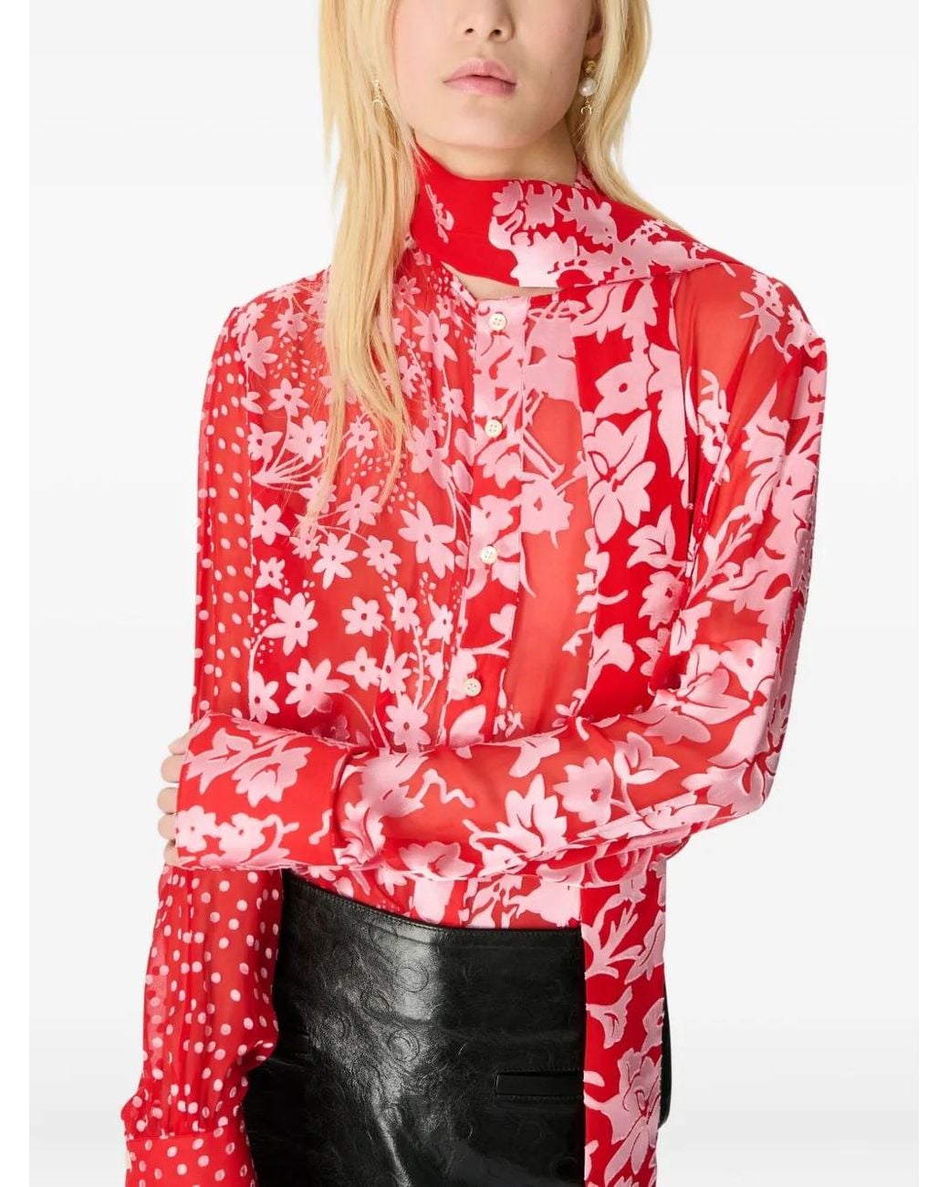 MARINE SERRE Red Floral-Print Tie-Neck Blouse