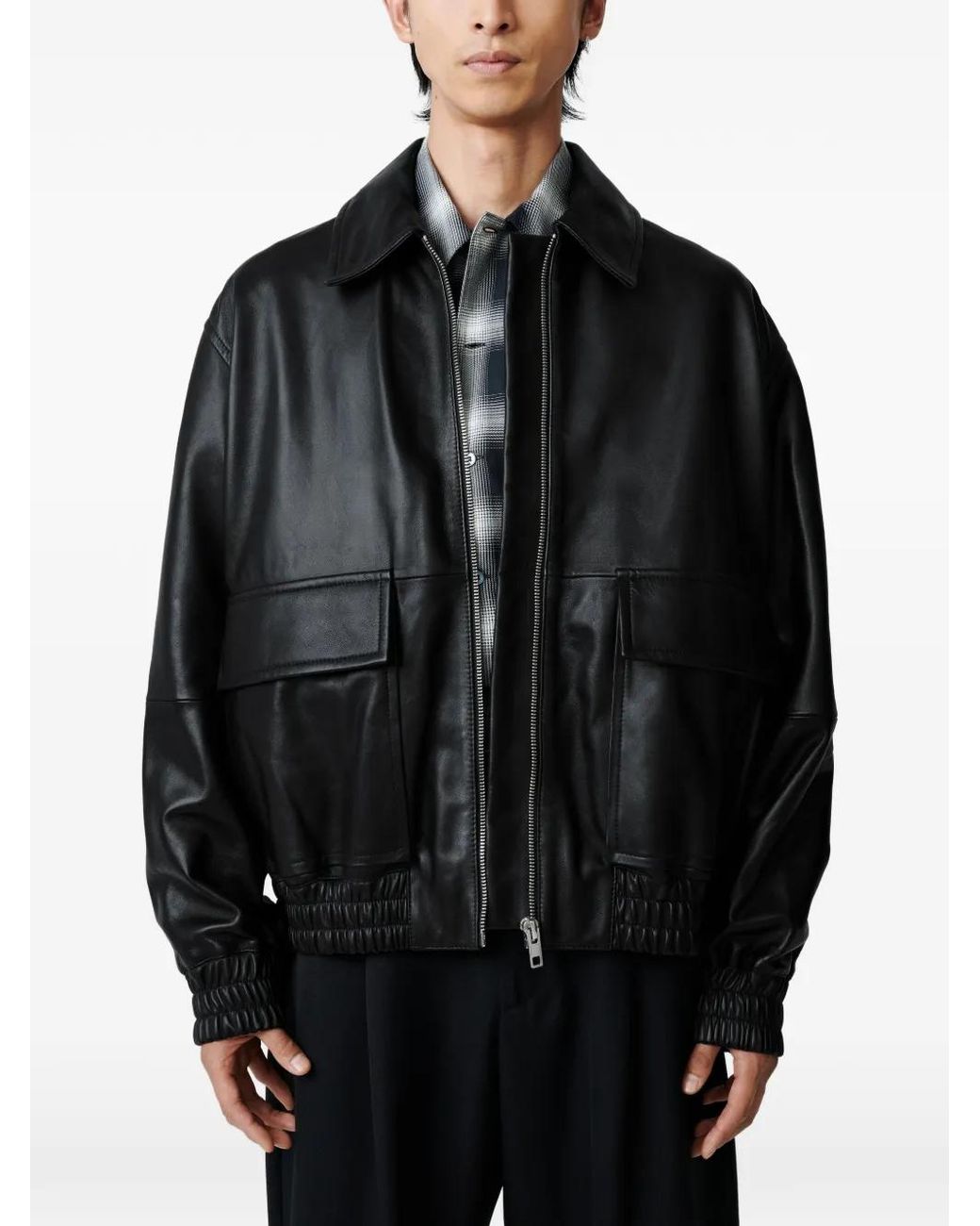 Studio Nicholson Black Veste En Cuir Piston À Fermeture Zippée