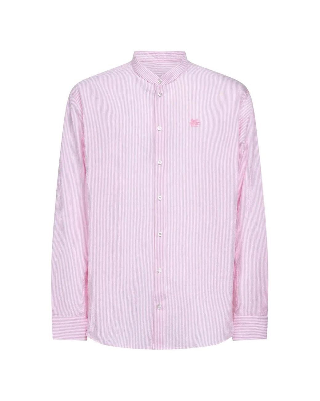 Etro Pink Striped Seersucker Cotton Logo Shirt for men