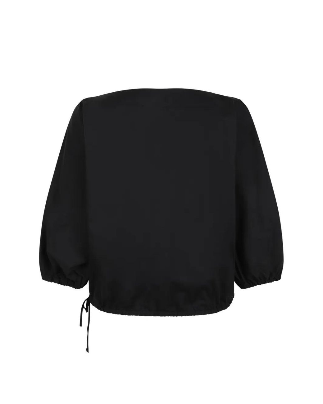 Douuod Black Drawstring-Hem Puff-Sleeve Blouse