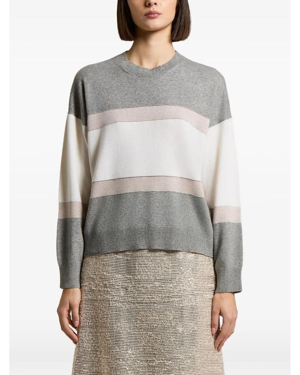 Peserico Gray Striped Crew-Neck Sweater