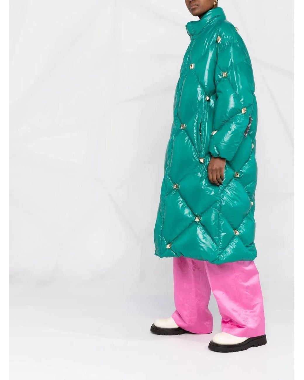 Philipp Plein Blue Quilted Studded Padded Coat Green