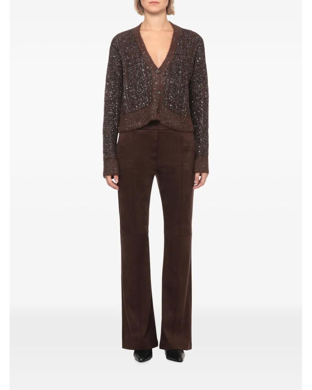 D.exterior Brown Sequin-Embellished Cable-Knit Cardigan