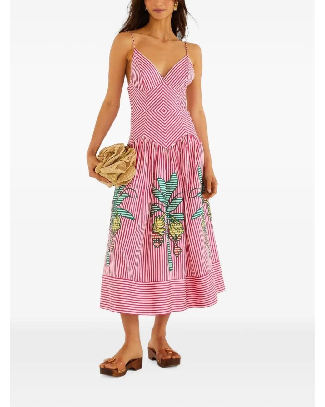 Farm Rio Pink Palm Tree Stripes Cutwork Organic Cotton Midi Dress