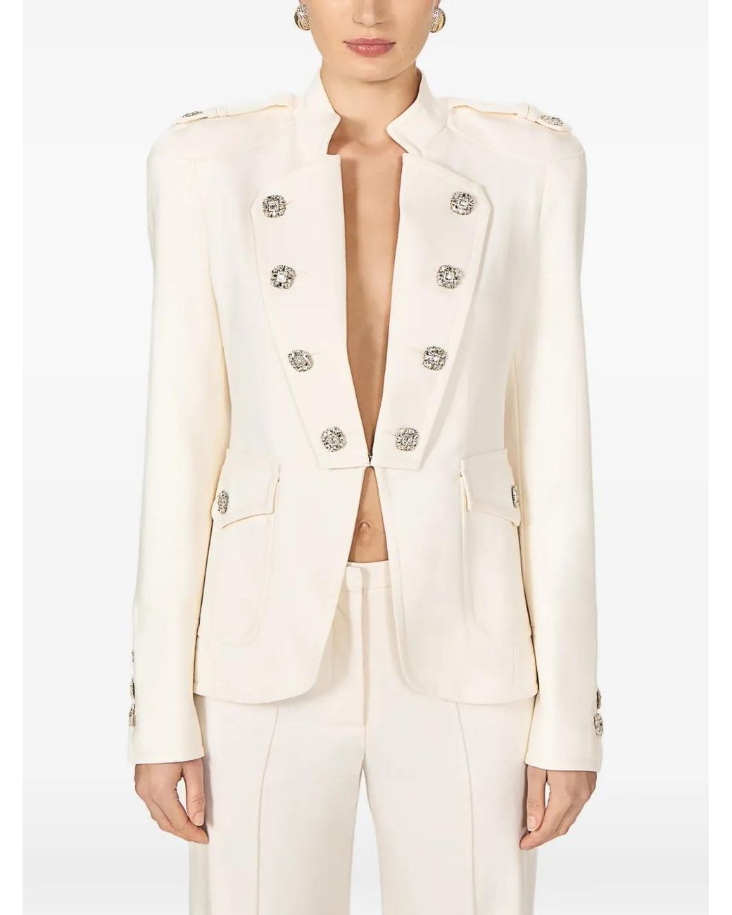 Costarellos White Elen Crystal-Button Epaulettes Blazer