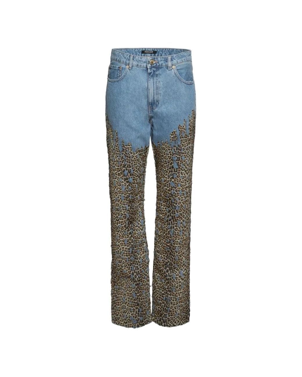 Roberto Cavalli Blue Leopard-Print Five-Pocket Jeans